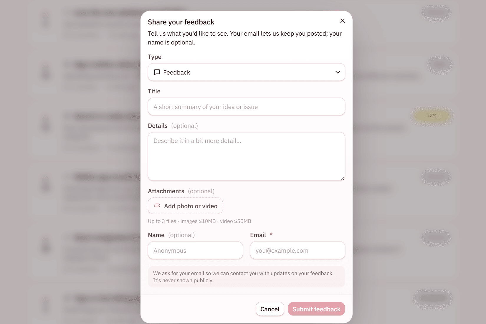 The feedback submission dialog, showing only a title and an email field — no account or password required
