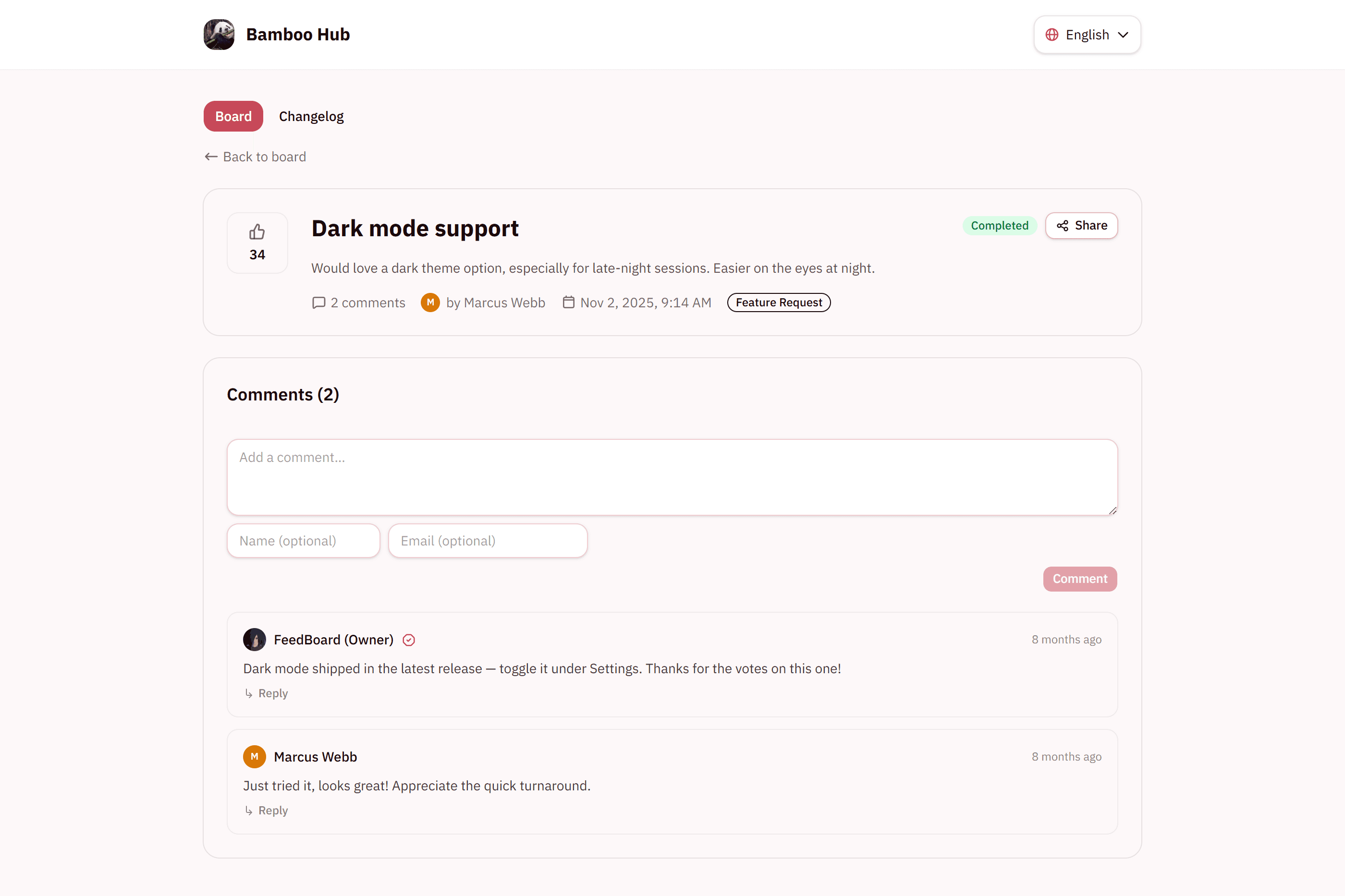 A comment thread on a feedback post, with a reply from a verified account owner
