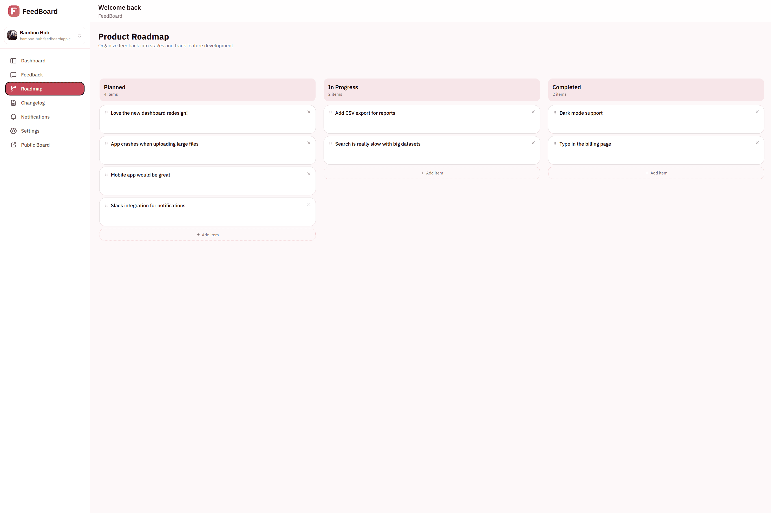 A drag-and-drop roadmap board with Planned, In Progress and Completed columns