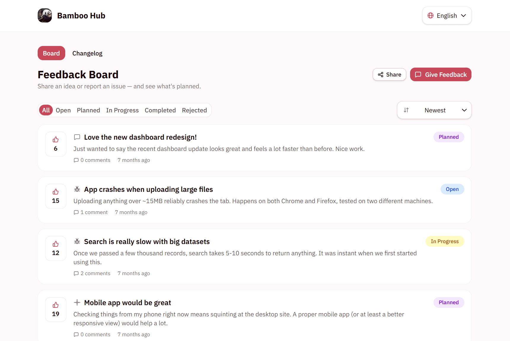 A public feedback board, showing posts with vote counts and status labels like Planned, In Progress and Completed